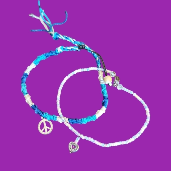 5/$25 Macrame Peace Sign Bracelet and Pastel Beaded Heart Charm Bracelet - Picture 1 of 6